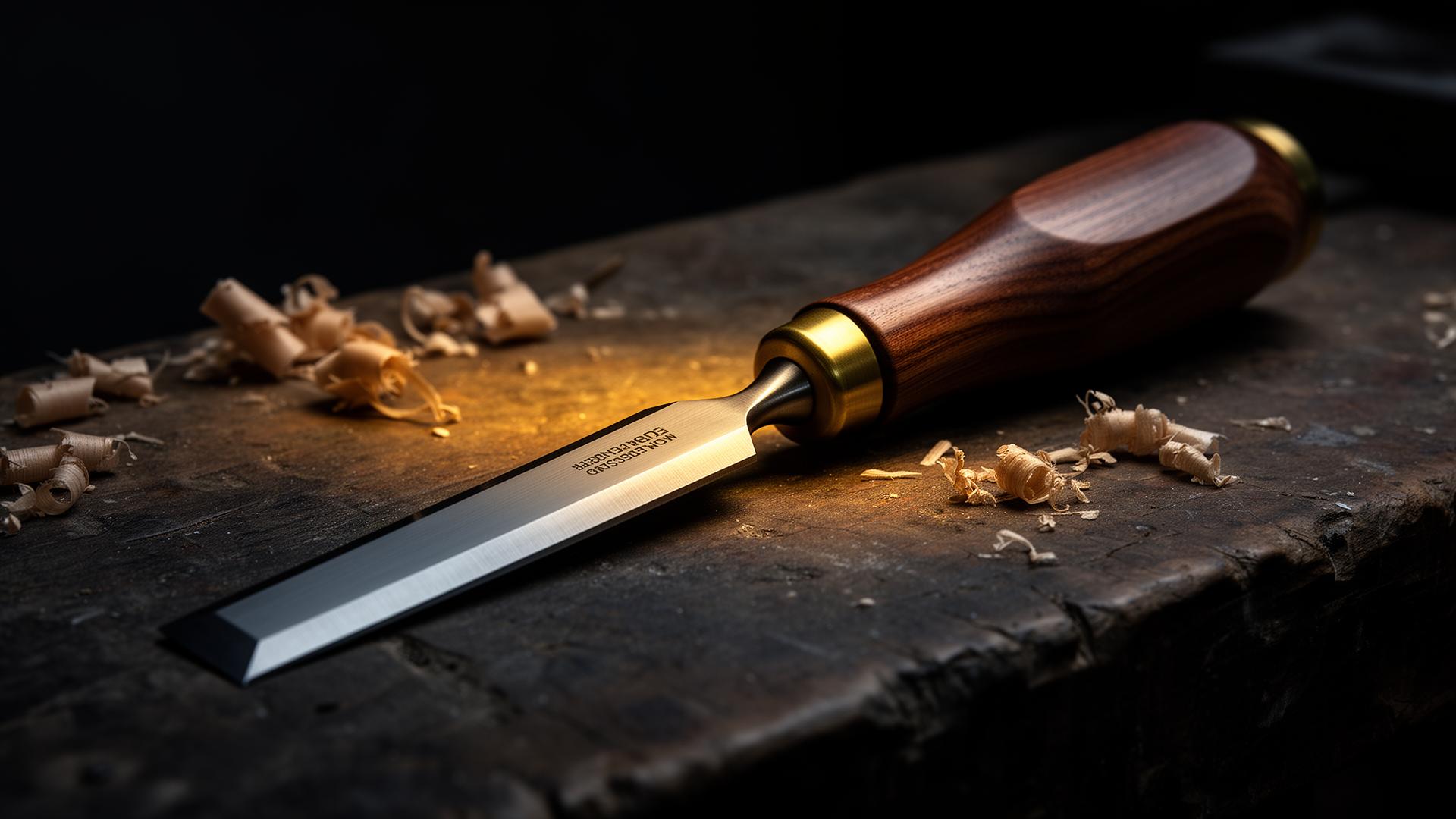 Hackett Tools premium hand-forged chisel resting on a workbench with wood shavings